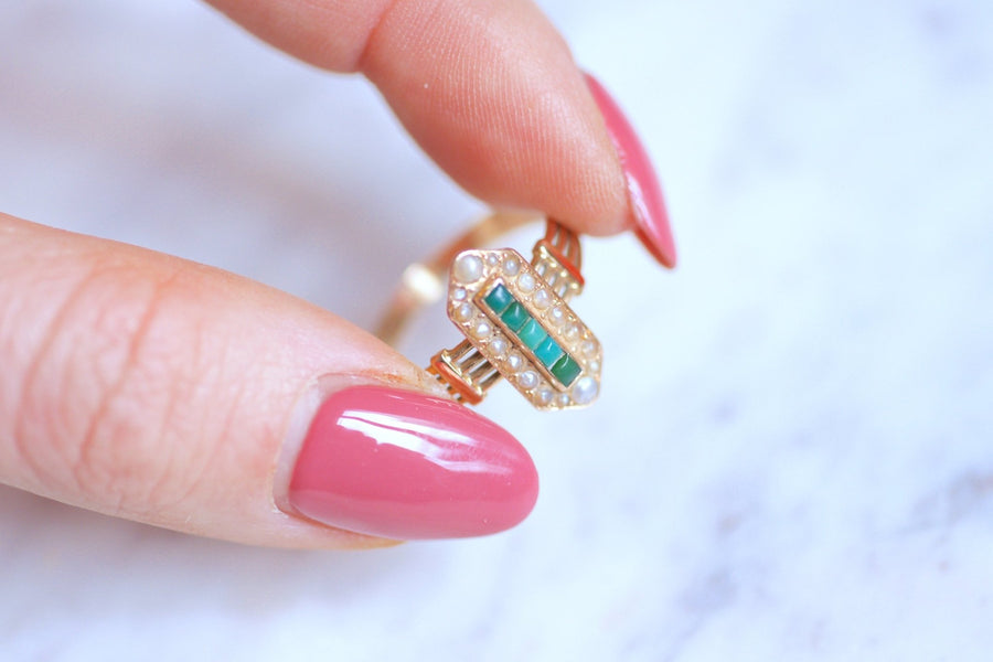 Antique marquise ring in pink gold, turquoise and pearls - Galerie Pénélope