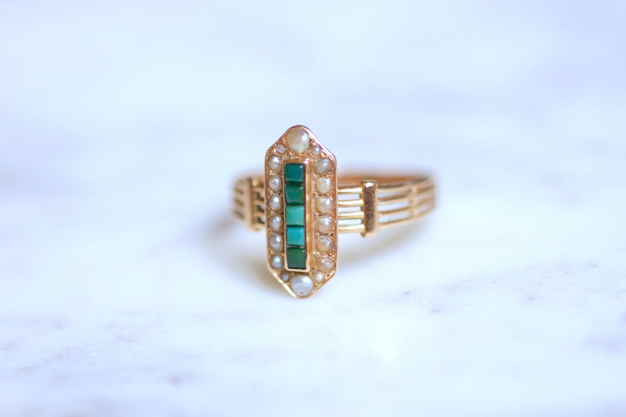 Antique marquise ring in pink gold, turquoise and pearls - Galerie Pénélope