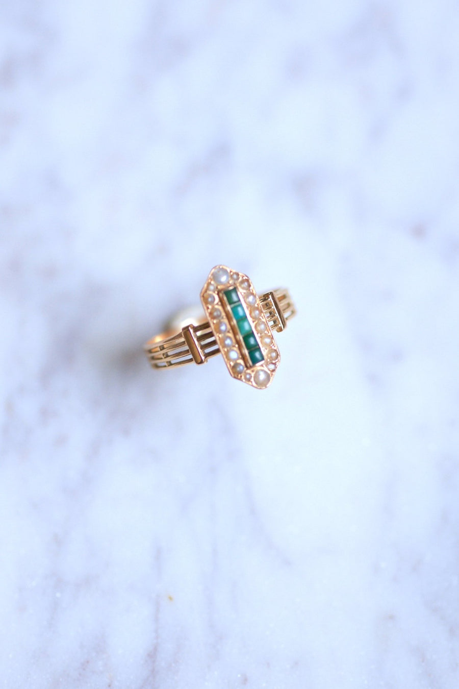 Antique marquise ring in pink gold, turquoise and pearls - Galerie Pénélope