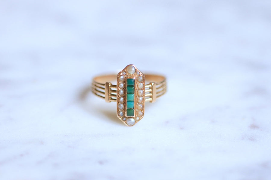 Antique marquise ring in pink gold, turquoise and pearls - Galerie Pénélope
