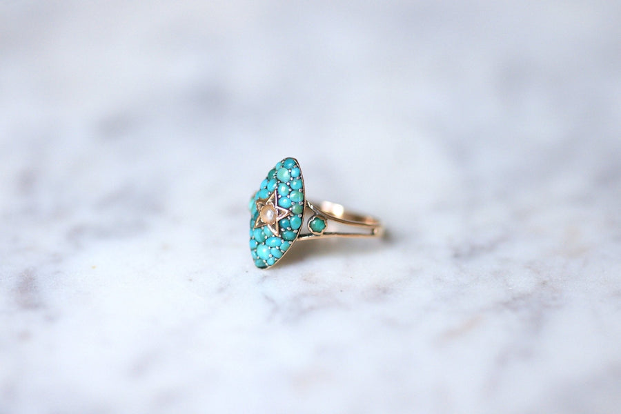 Antique star marquise ring, pink gold, turquoise and pearl - Galerie Pénélope