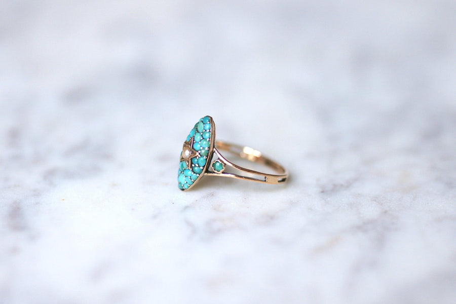 Antique star marquise ring, pink gold, turquoise and pearl - Galerie Pénélope