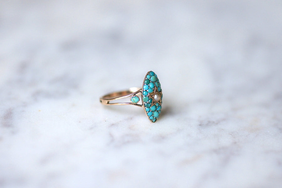 Antique star marquise ring, pink gold, turquoise and pearl - Galerie Pénélope