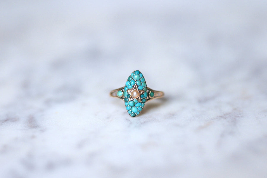 Antique star marquise ring, pink gold, turquoise and pearl - Galerie Pénélope