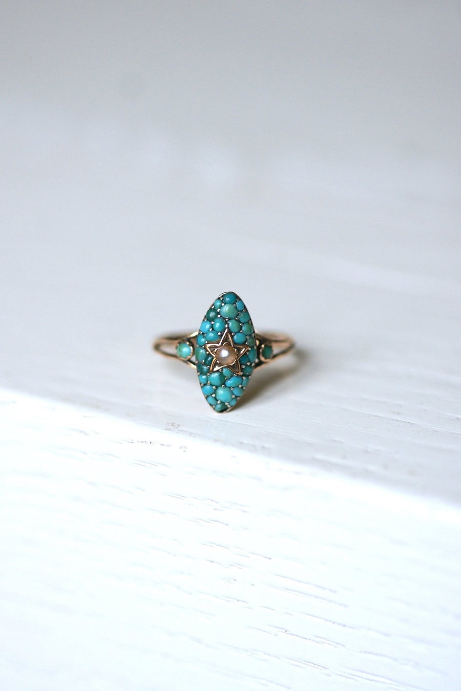 Antique star marquise ring, pink gold, turquoise and pearl - Galerie Pénélope