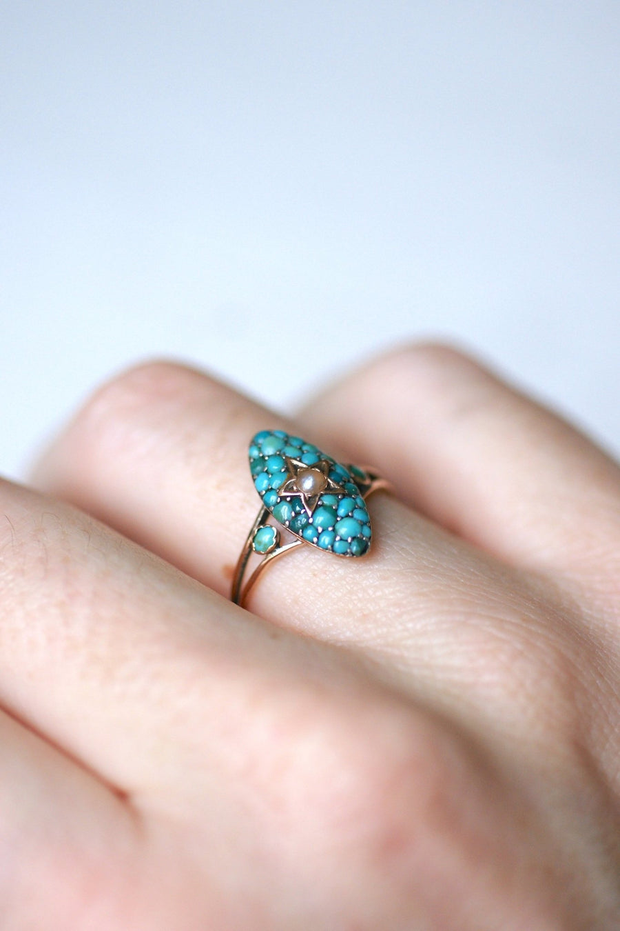 Antique star marquise ring, pink gold, turquoise and pearl - Galerie Pénélope