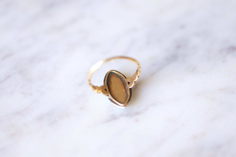 Antique marquise ring letter L, in 18Kt gold, turquoise and diamonds - Galerie Pénélope