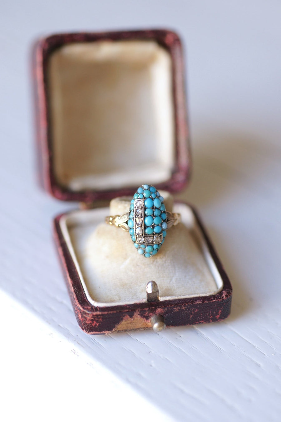 Antique marquise ring letter L, in 18Kt gold, turquoise and diamonds - Galerie Pénélope