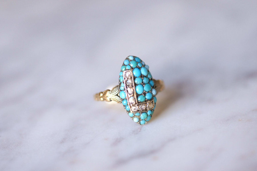 Antique marquise ring letter L, in 18Kt gold, turquoise and diamonds - Galerie Pénélope