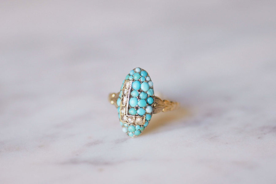 Antique marquise ring letter L, in 18Kt gold, turquoise and diamonds - Galerie Pénélope
