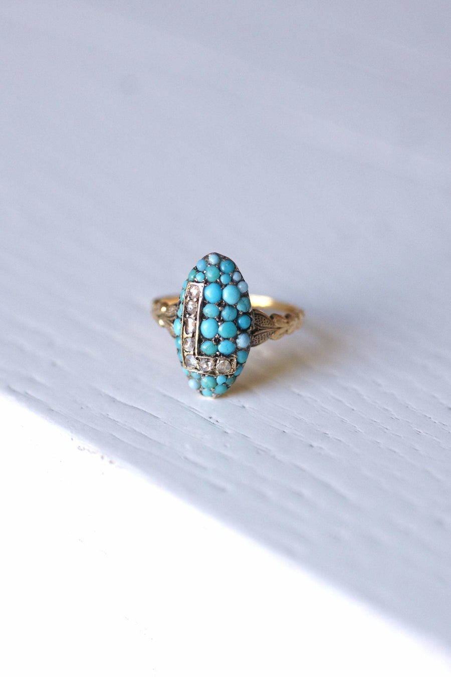 Antique marquise ring letter L, in 18Kt gold, turquoise and diamonds - Galerie Pénélope