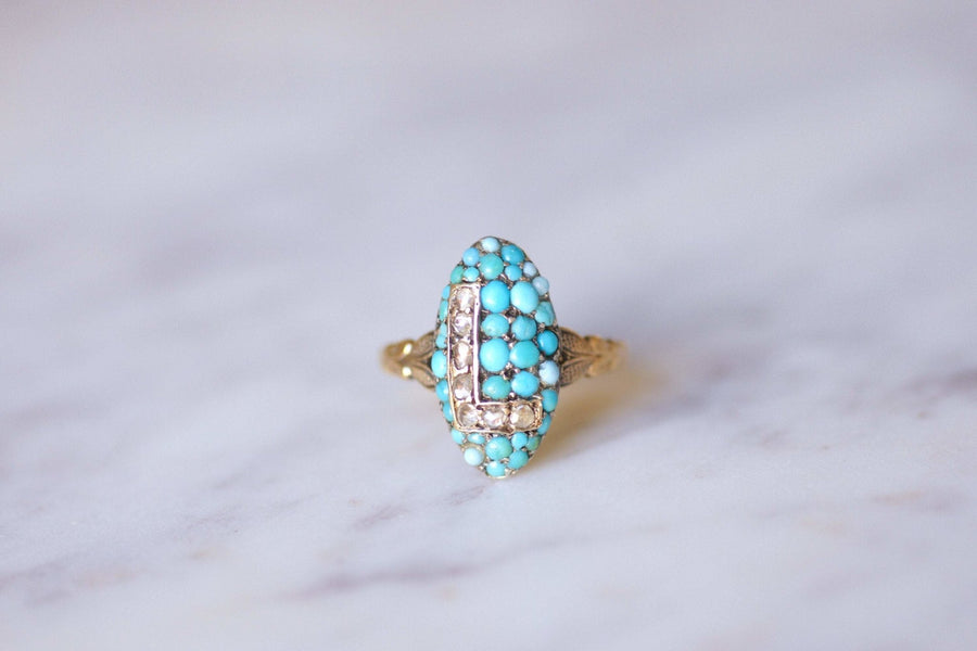 Antique marquise ring letter L, in 18Kt gold, turquoise and diamonds - Galerie Pénélope