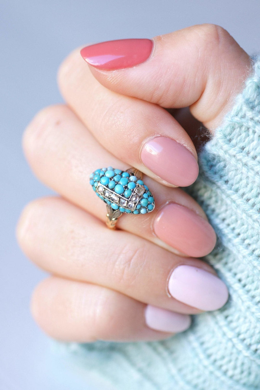 Antique marquise ring letter L, in 18Kt gold, turquoise and diamonds - Galerie Pénélope