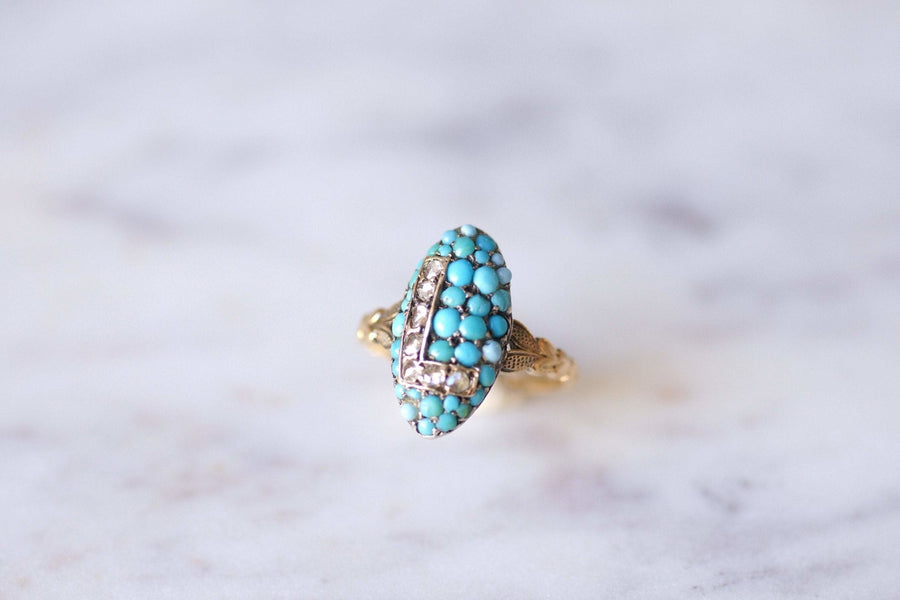 Antique marquise ring letter L, in 18Kt gold, turquoise and diamonds - Galerie Pénélope