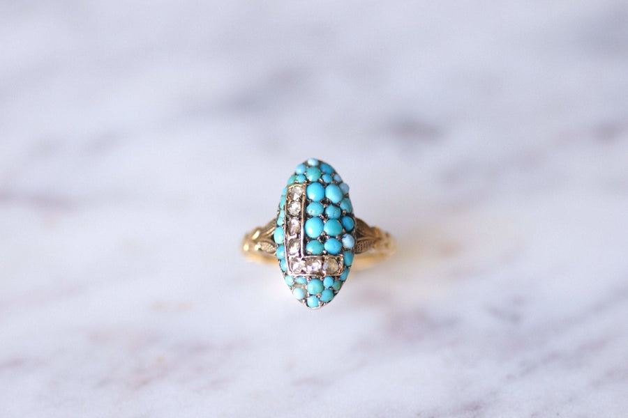 Antique marquise ring letter L, in 18Kt gold, turquoise and diamonds - Galerie Pénélope