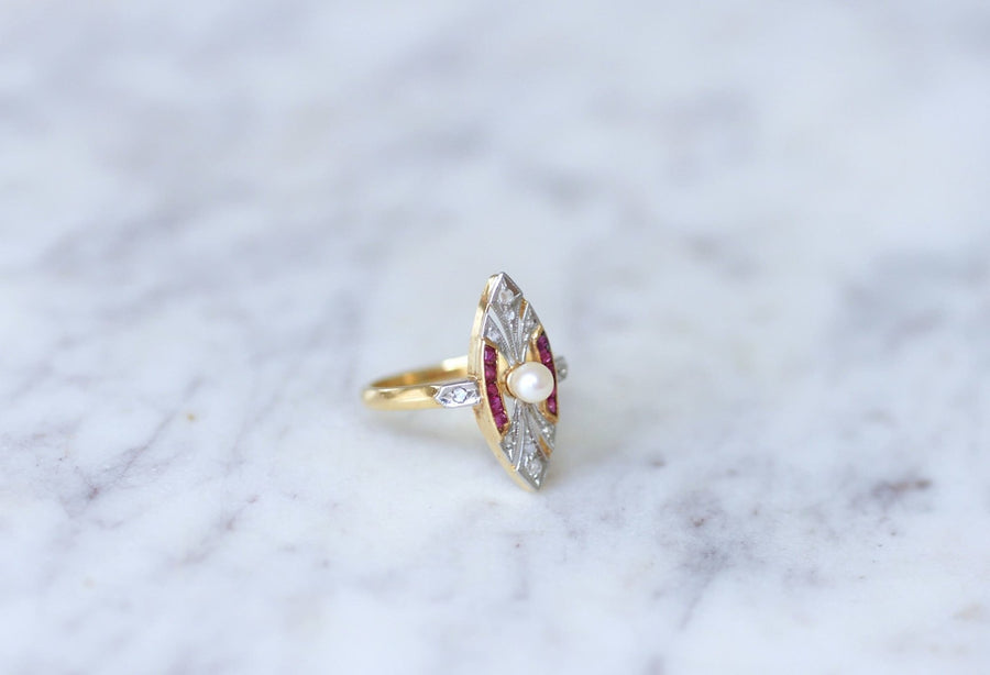 Marquise Art Deco pearl, diamond & ruby ring - Penelope Gallery