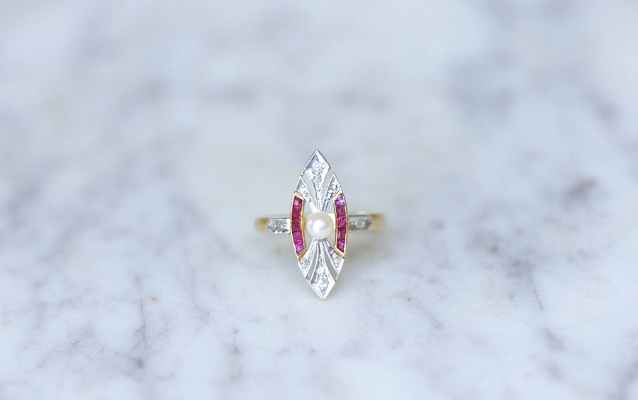 Marquise Art Deco pearl, diamond & ruby ring - Penelope Gallery
