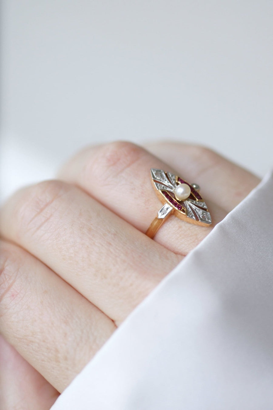 Marquise Art Deco pearl, diamond & ruby ring - Penelope Gallery