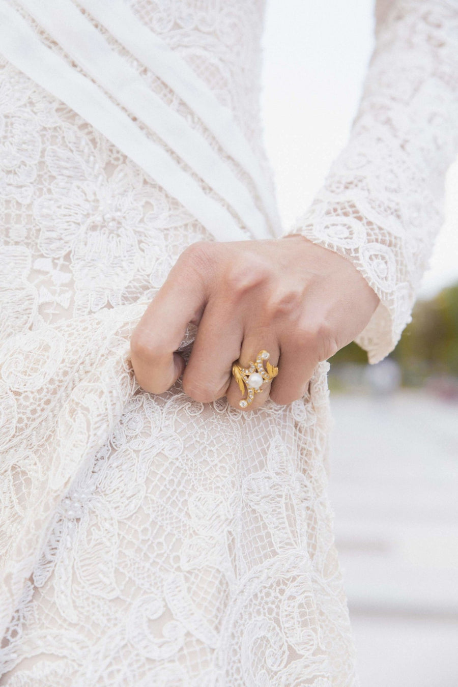Marquise Art Nouveau style ring in 14Kt gold, diamonds, pearl - Galerie Pénélope