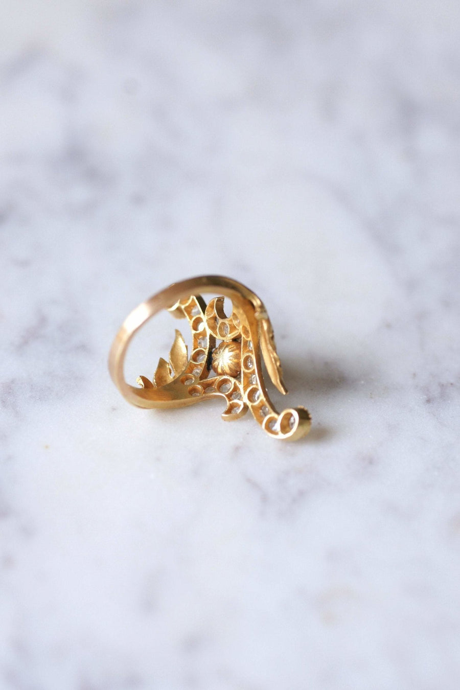 Marquise Art Nouveau style ring in 14Kt gold, diamonds, pearl - Galerie Pénélope