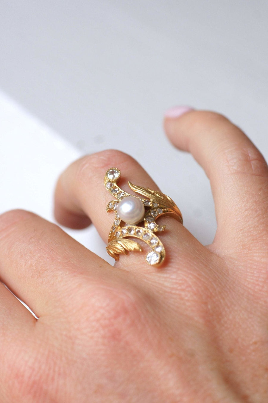 Marquise Art Nouveau style ring in 14Kt gold, diamonds, pearl - Galerie Pénélope