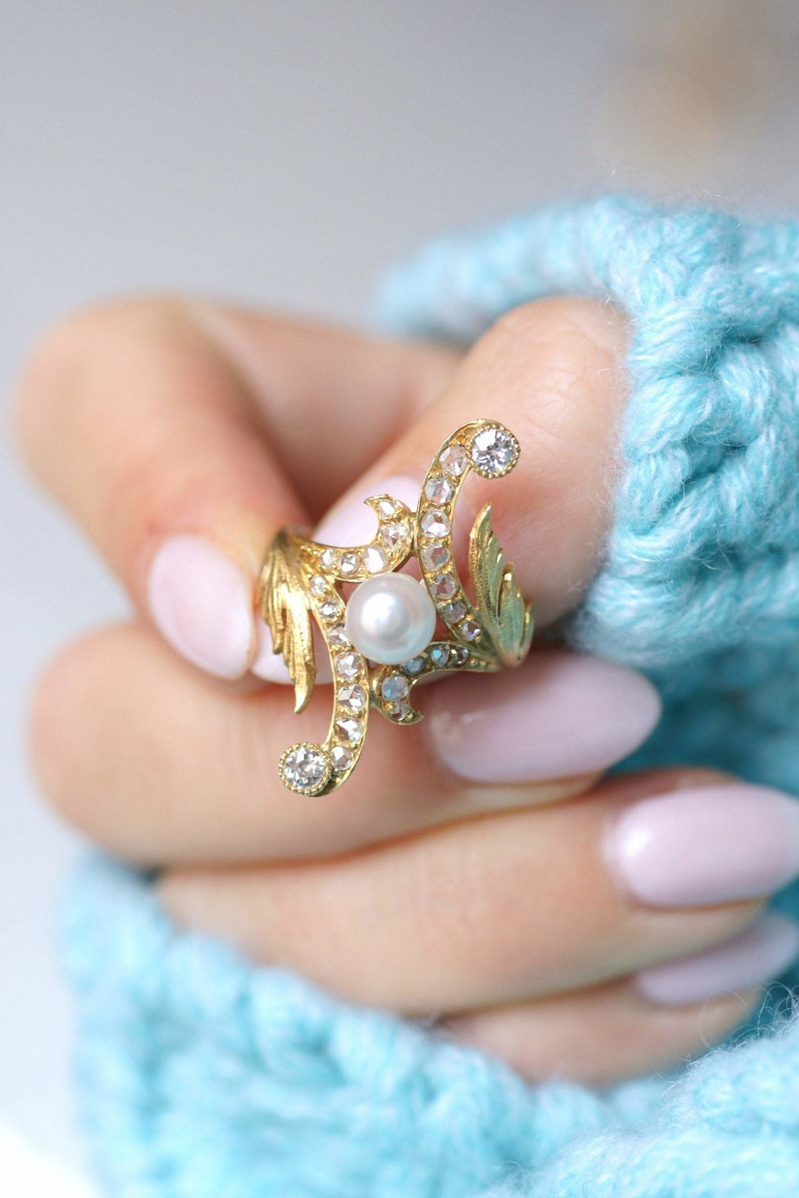 Marquise Art Nouveau style ring in 14Kt gold, diamonds, pearl - Galerie Pénélope