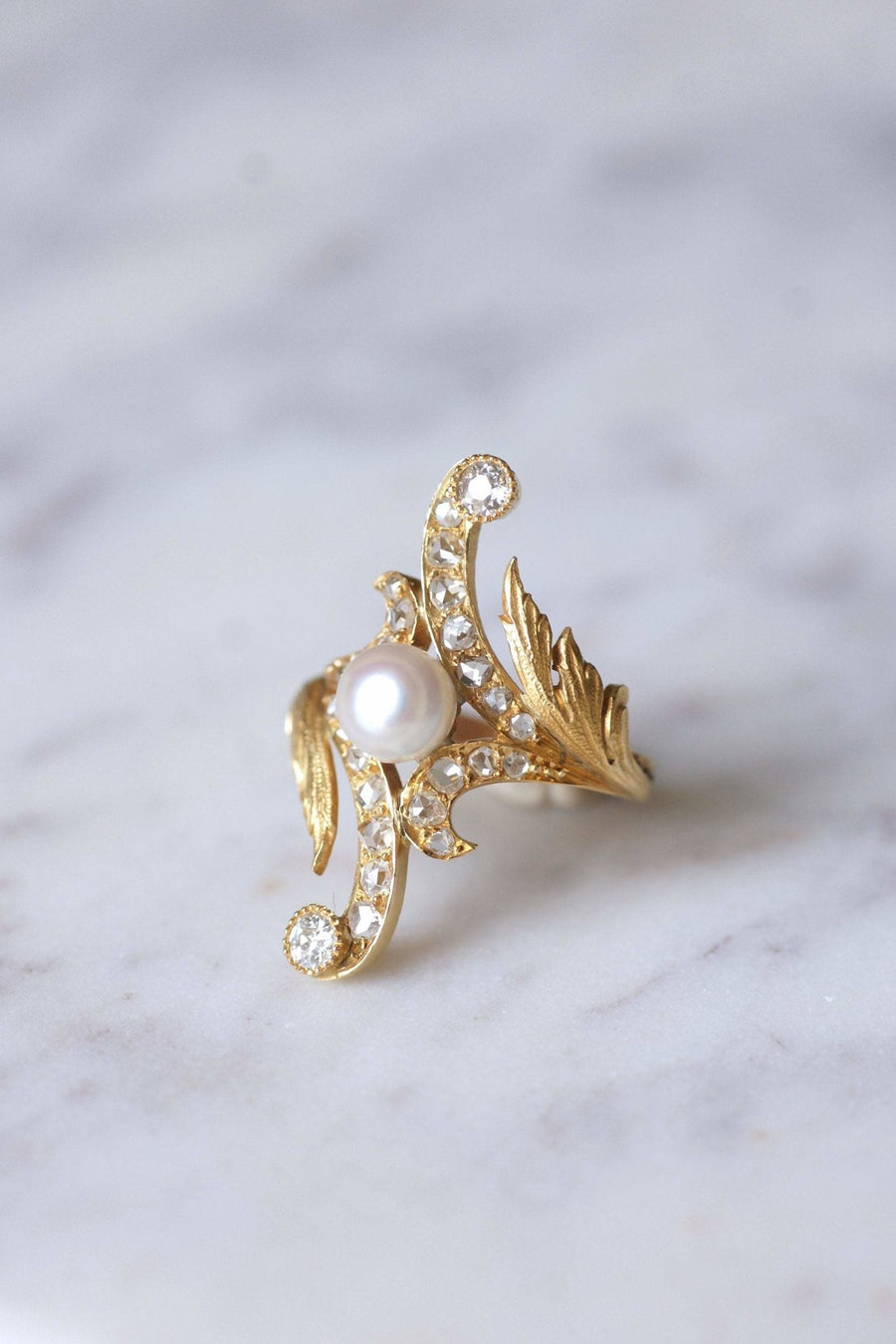 Marquise Art Nouveau style ring in 14Kt gold, diamonds, pearl - Galerie Pénélope