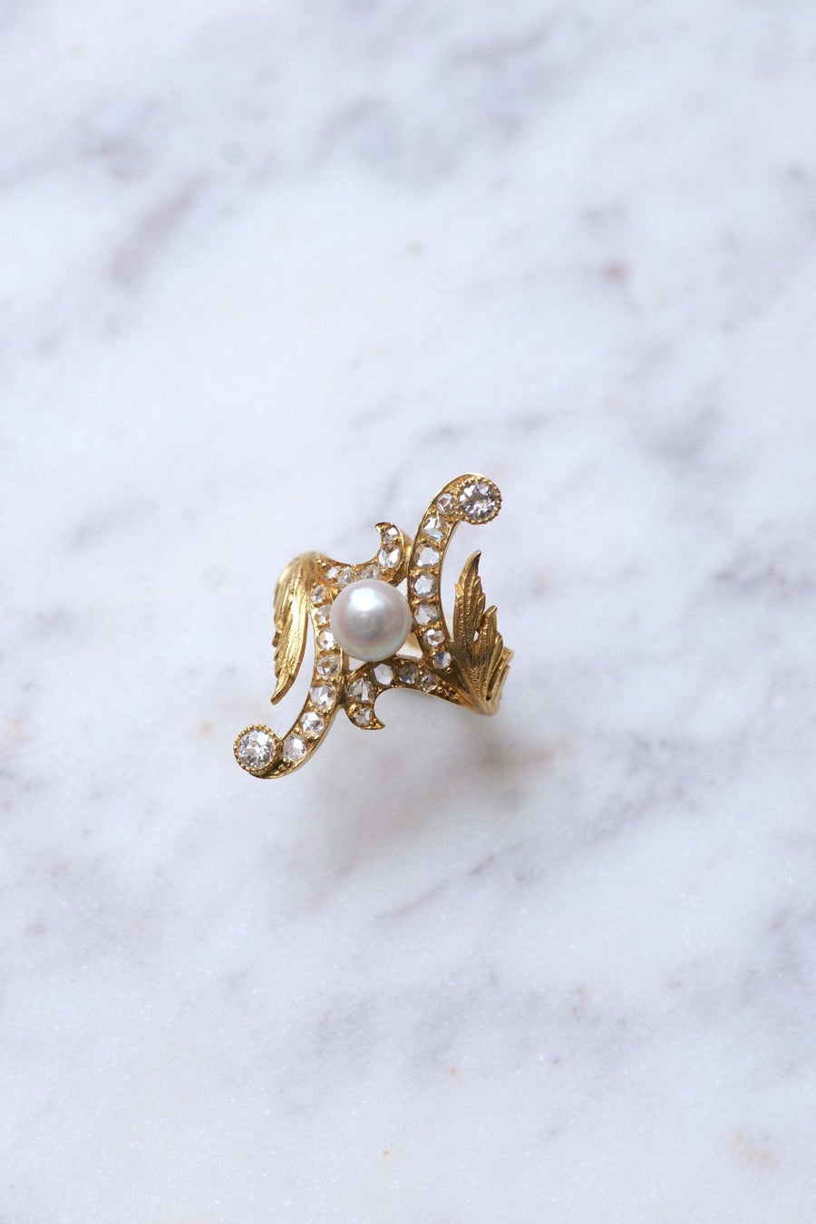 Marquise Art Nouveau style ring in 14Kt gold, diamonds, pearl - Galerie Pénélope