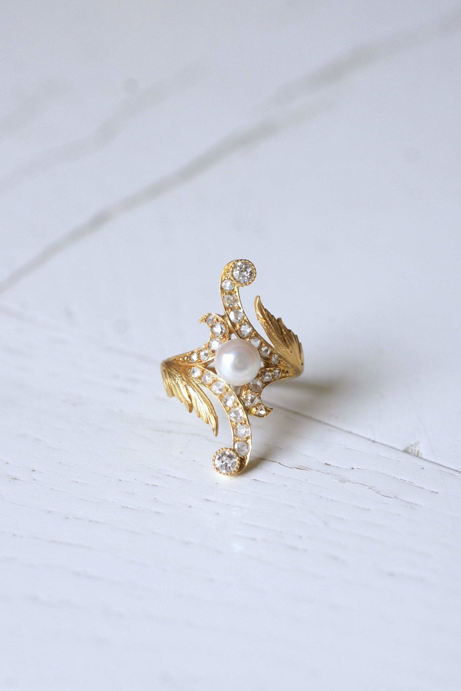 Marquise Art Nouveau style ring in 14Kt gold, diamonds, pearl - Galerie Pénélope