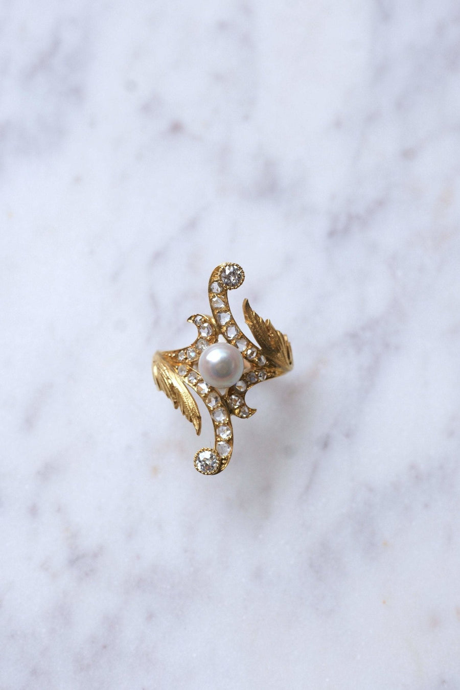 Marquise Art Nouveau style ring in 14Kt gold, diamonds, pearl - Galerie Pénélope