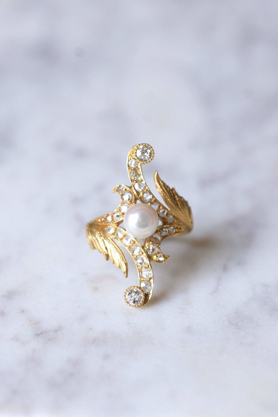 Marquise Art Nouveau style ring in 14Kt gold, diamonds, pearl - Galerie Pénélope