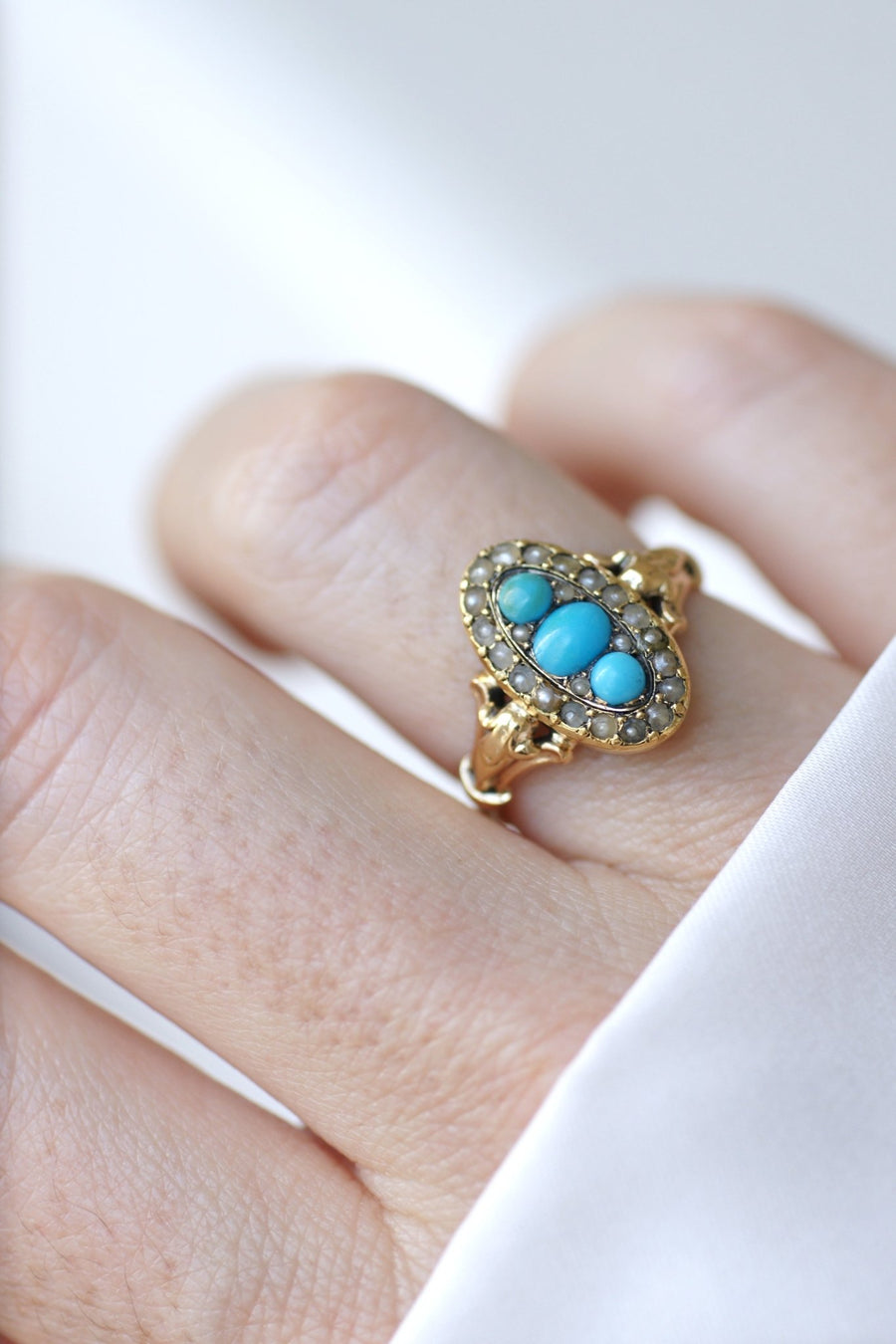Turquoise and pearl marquise ring - Penelope Gallery