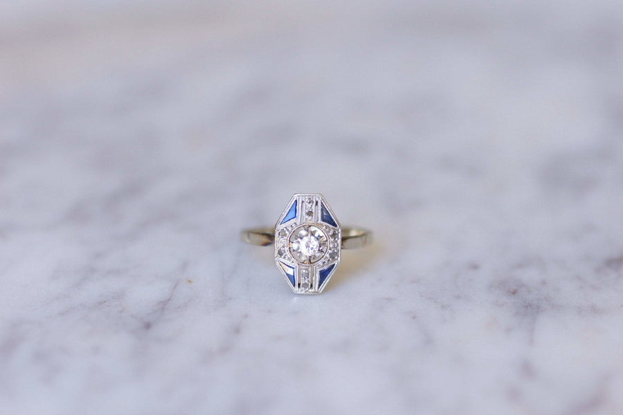 Octagonal Art Deco diamond and sapphire ring - Penelope Gallery