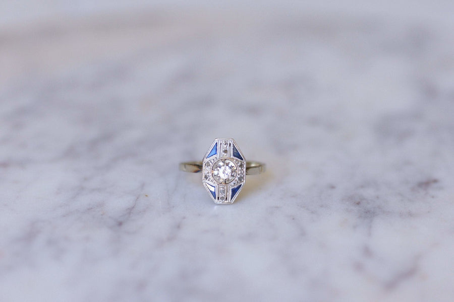Octagonal Art Deco diamond and sapphire ring - Penelope Gallery