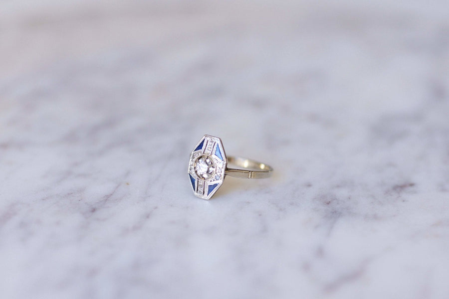 Octagonal Art Deco diamond and sapphire ring - Penelope Gallery