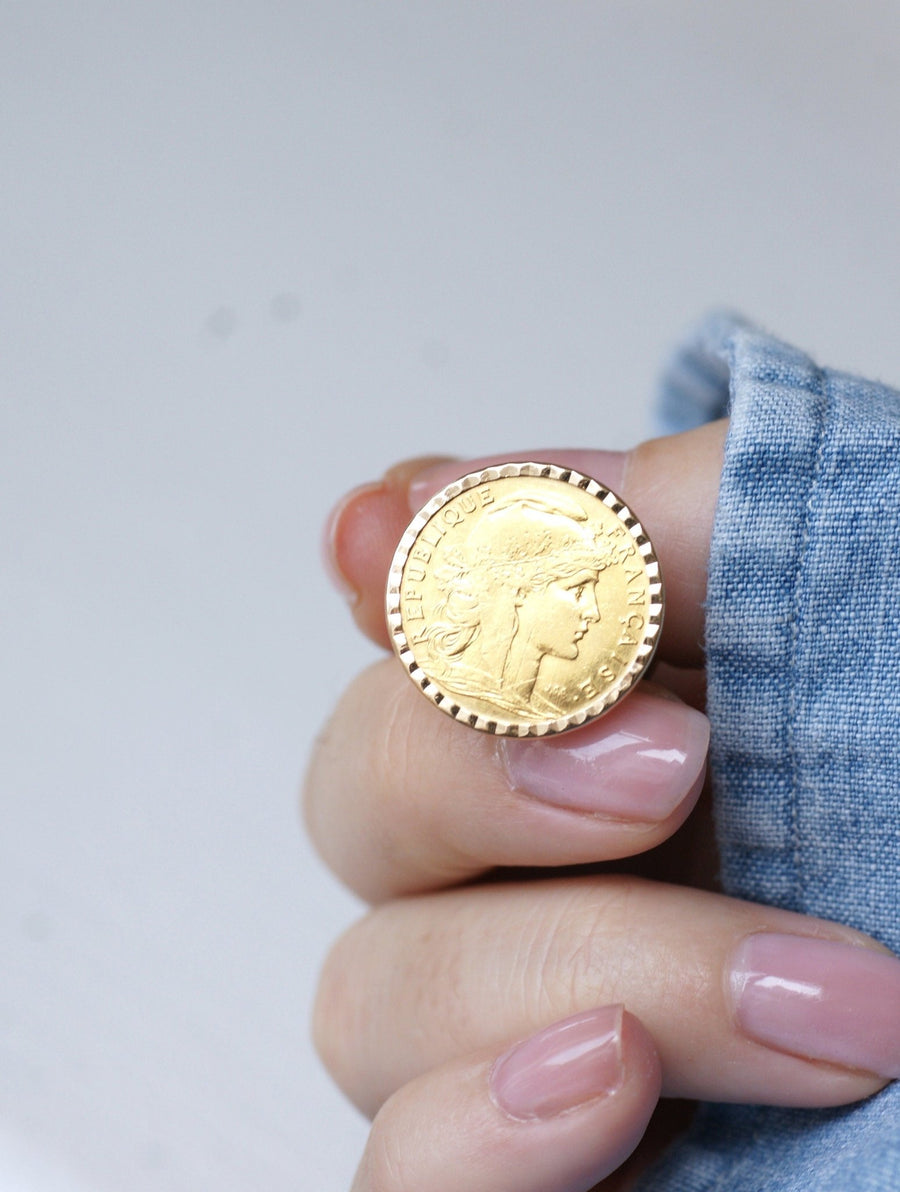 Yellow Gold 10 Franc Marianne Coin Ring - Galerie Pénélope