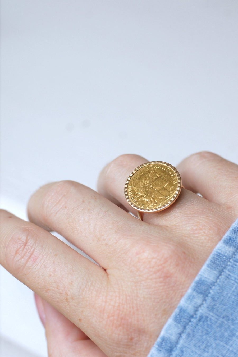 Yellow Gold 10 Franc Marianne Coin Ring - Galerie Pénélope