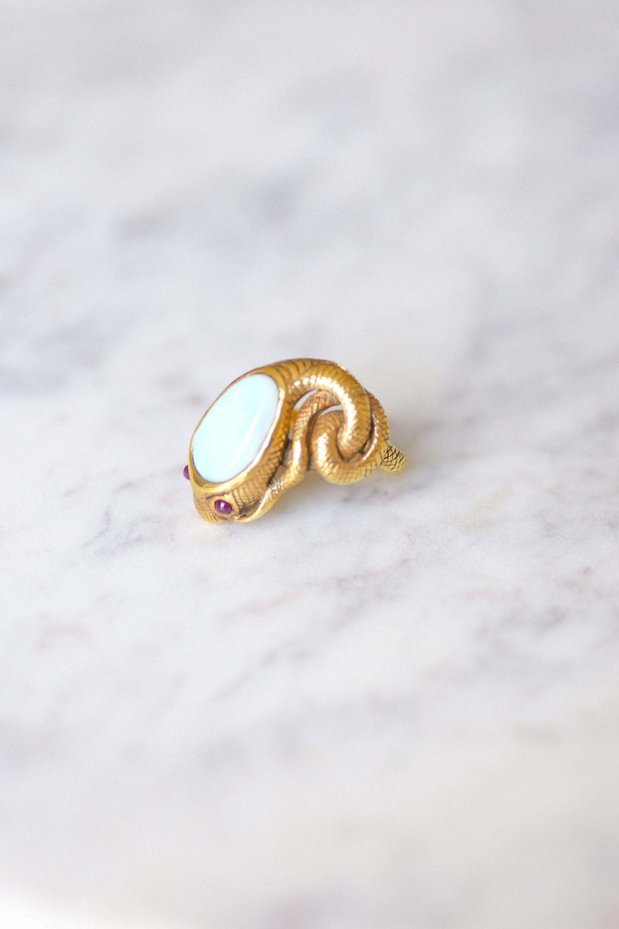 Vintage yellow gold, opal, and ruby snake ring - Penelope Gallery