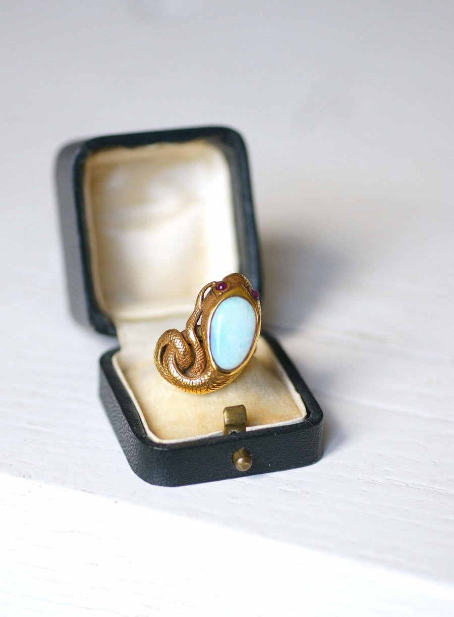 Vintage yellow gold, opal, and ruby snake ring - Penelope Gallery