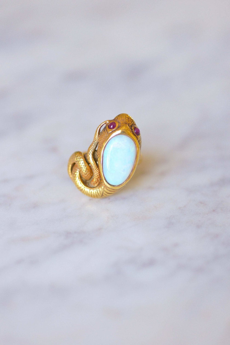 Vintage yellow gold, opal, and ruby snake ring - Penelope Gallery