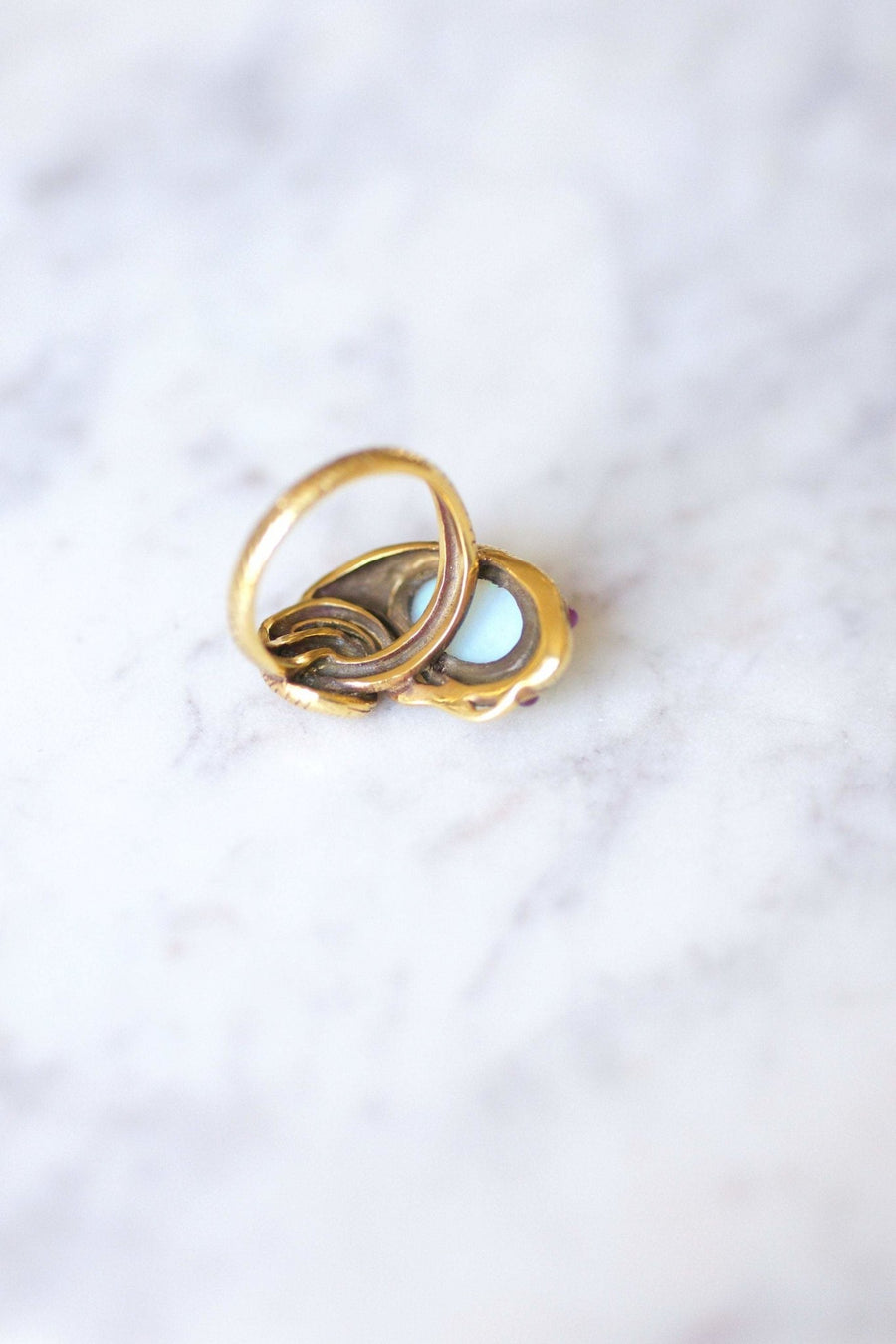 Vintage yellow gold, opal, and ruby snake ring - Penelope Gallery