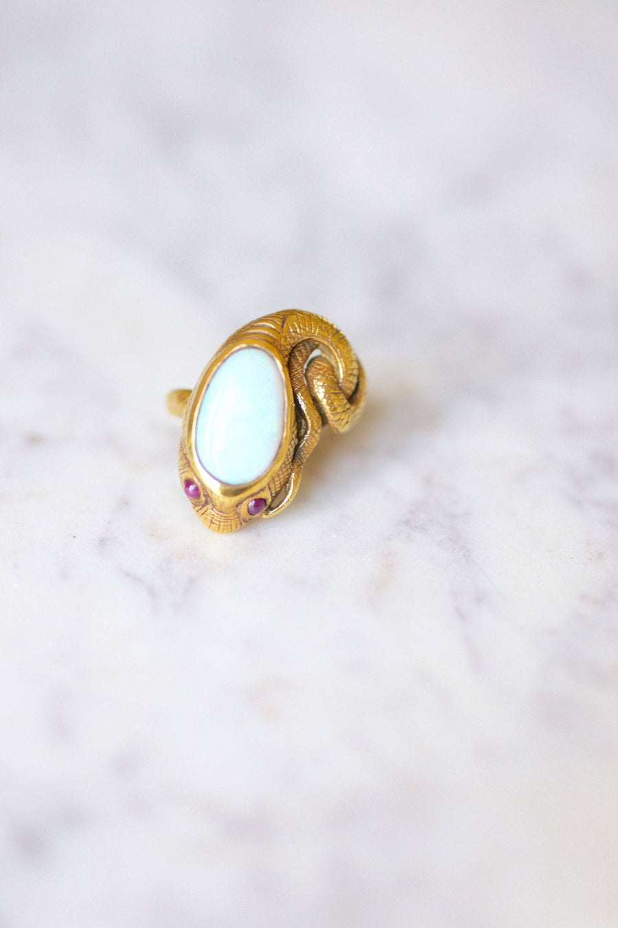 Vintage yellow gold, opal, and ruby snake ring - Penelope Gallery