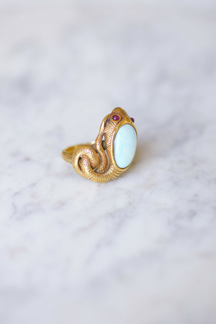 Vintage yellow gold, opal, and ruby snake ring - Penelope Gallery