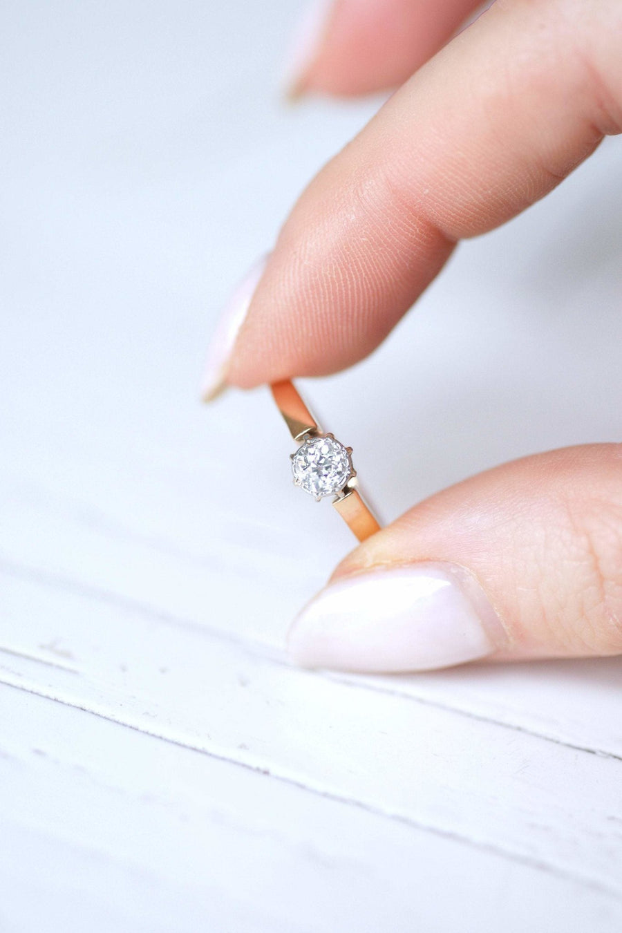 Antique solitaire pink gold, platinum and diamond ring - Galerie Pénélope