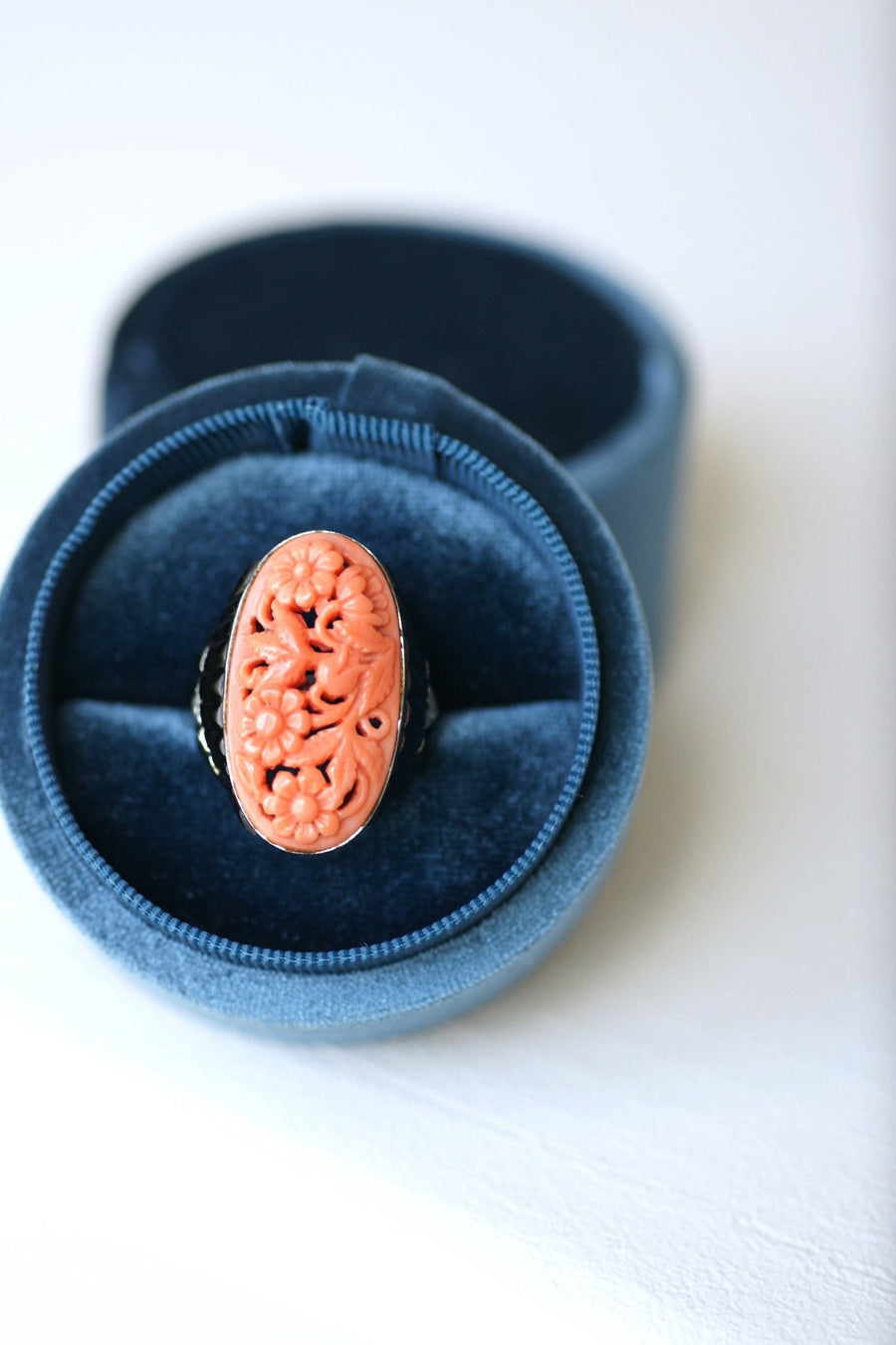 White Gold, Coral, Onyx and Diamond Art Deco Ring - Penelope Gallery