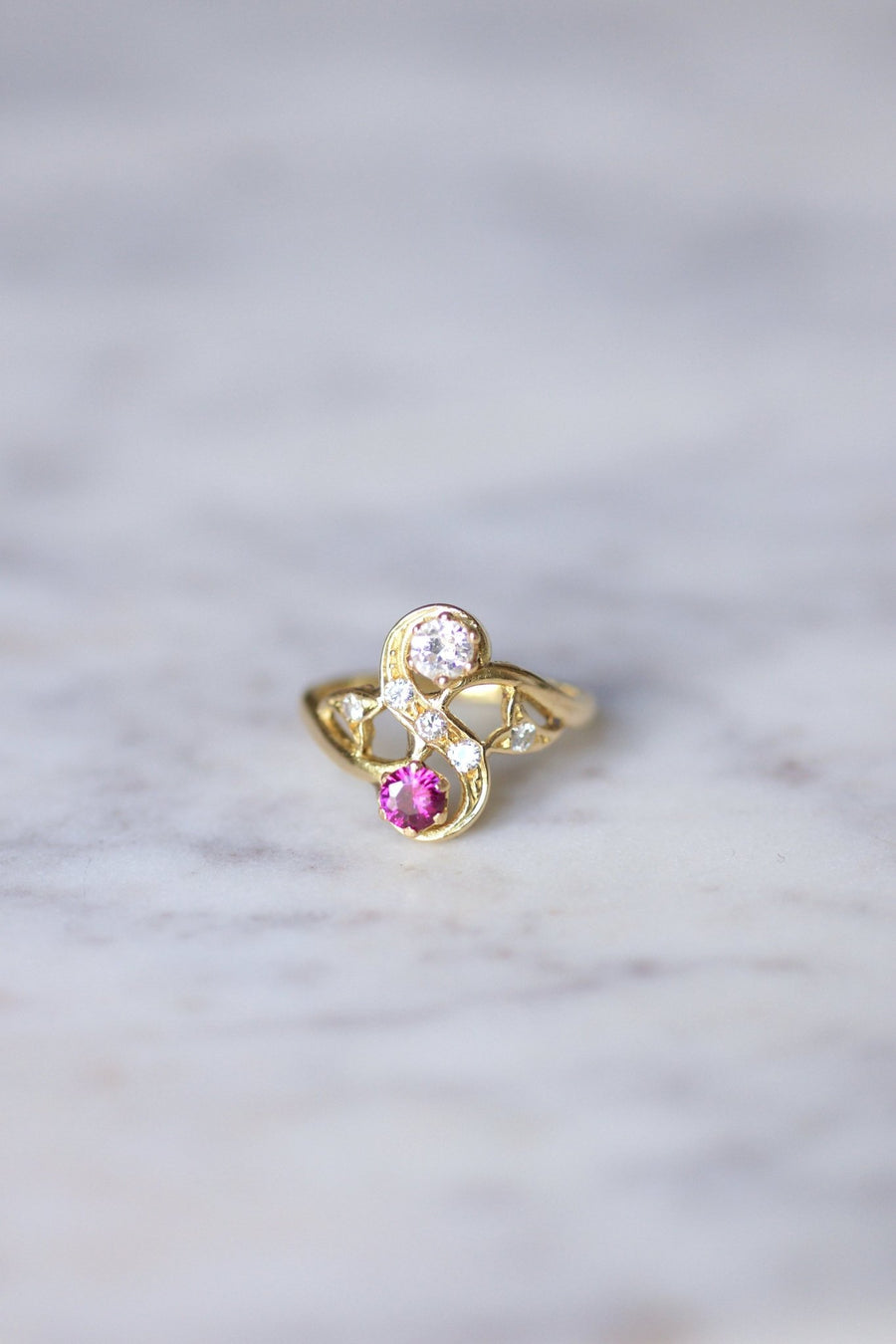 Victorian style ring Toi et Moi, diamonds, synthetic ruby, on yellow gold - Penelope Gallery