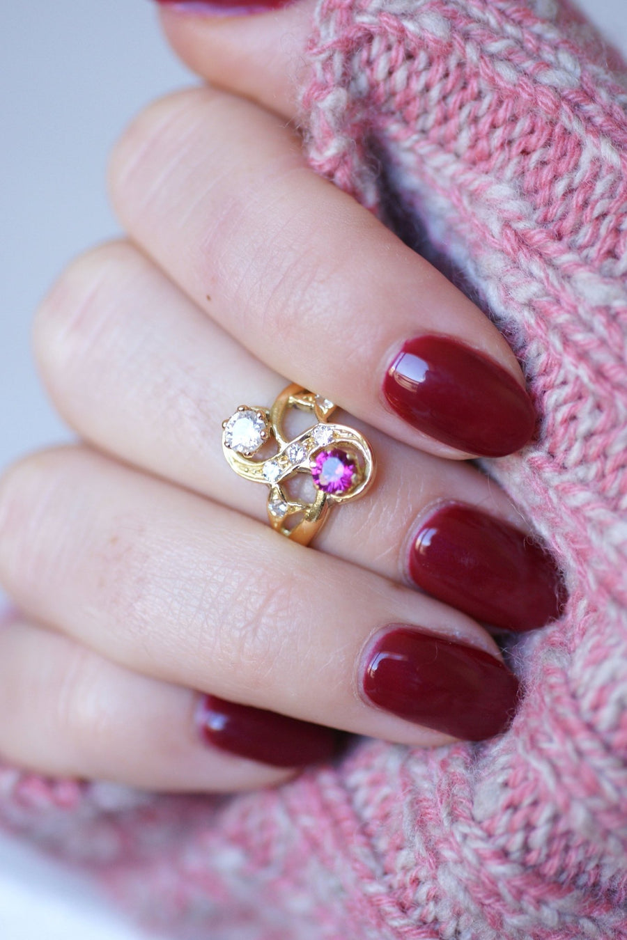 Victorian style ring Toi et Moi, diamonds, synthetic ruby, on yellow gold - Penelope Gallery