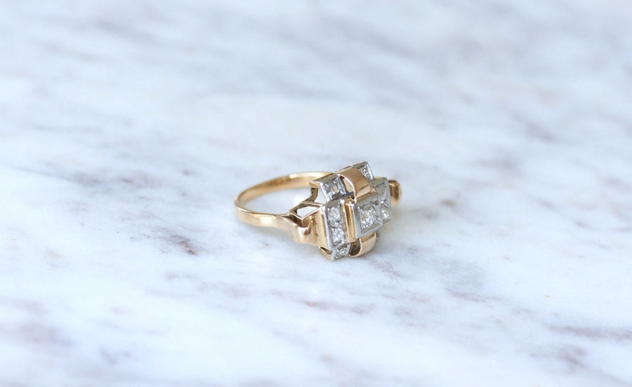 Art Deco Tank Ring, rose gold, platinum and diamonds - Galerie Pénélope