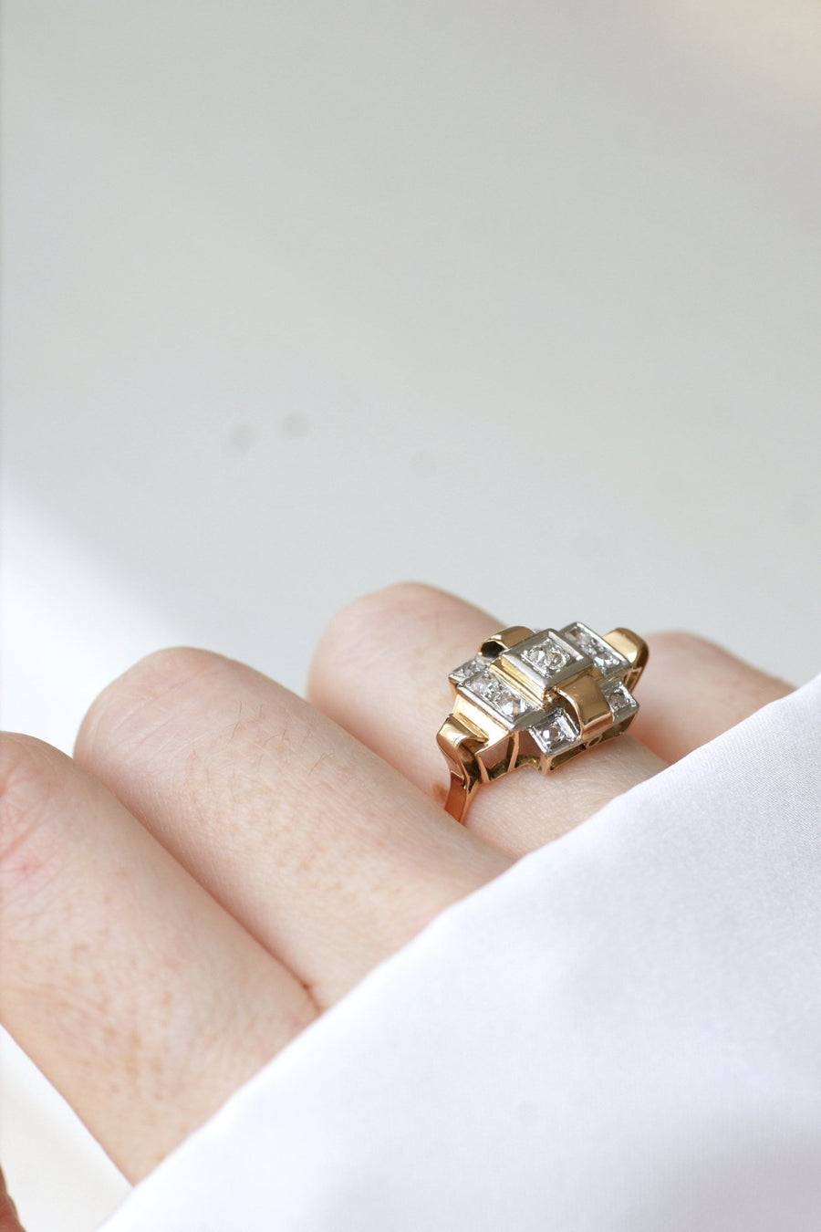 Art Deco Tank Ring, rose gold, platinum and diamonds - Galerie Pénélope
