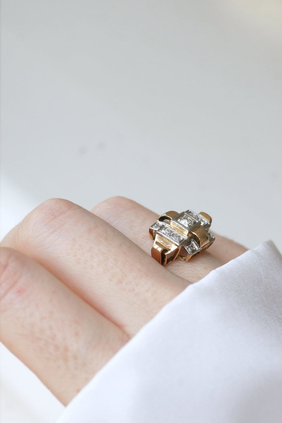 Art Deco Tank Ring, rose gold, platinum and diamonds - Galerie Pénélope